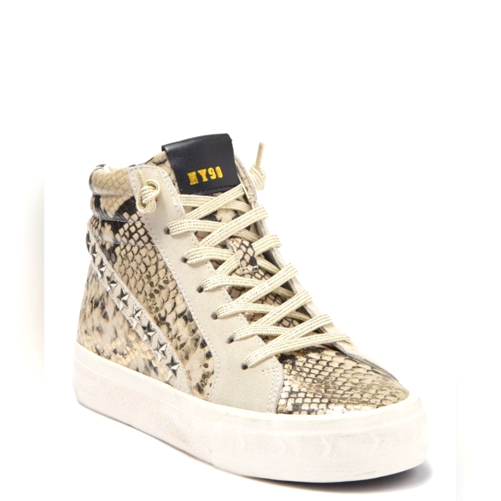 Size 9.5 - Women's Steve Madden Qualify Snake Print High-Top Sneakers - Beige